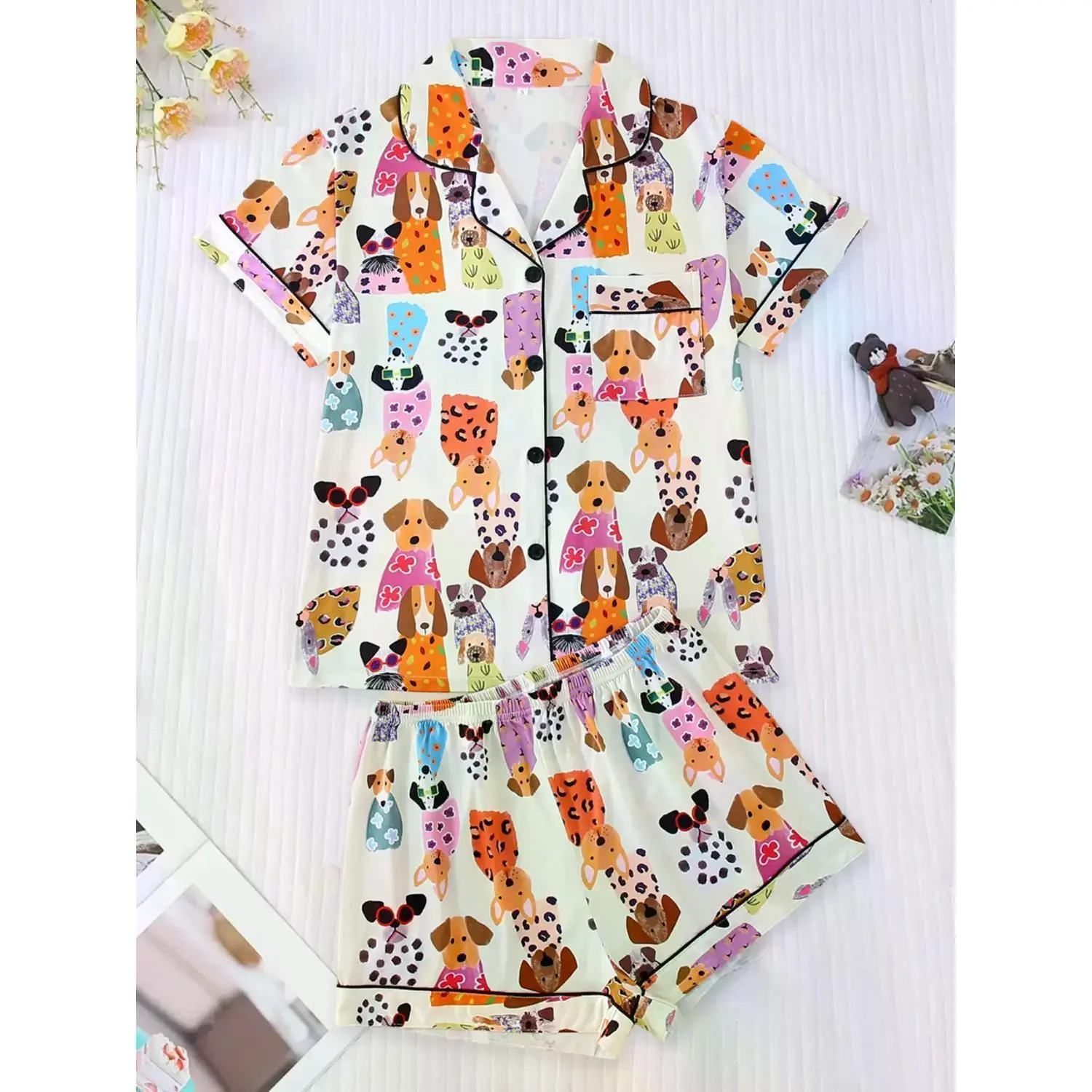 Women's Collared Short Sleeve Pajama Set with Cartoon Dog Print: Short Sleeve Button-Up Top and Loose Elastic Shorts for All Seasons