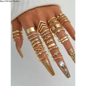 30/45Pcs Stackable Finger Ring Set, Gold-Tone Alloy Rings for Women with Rhinestone Accents, Exquisite Trendy Fashion Jewelry Gift, Unique Rings