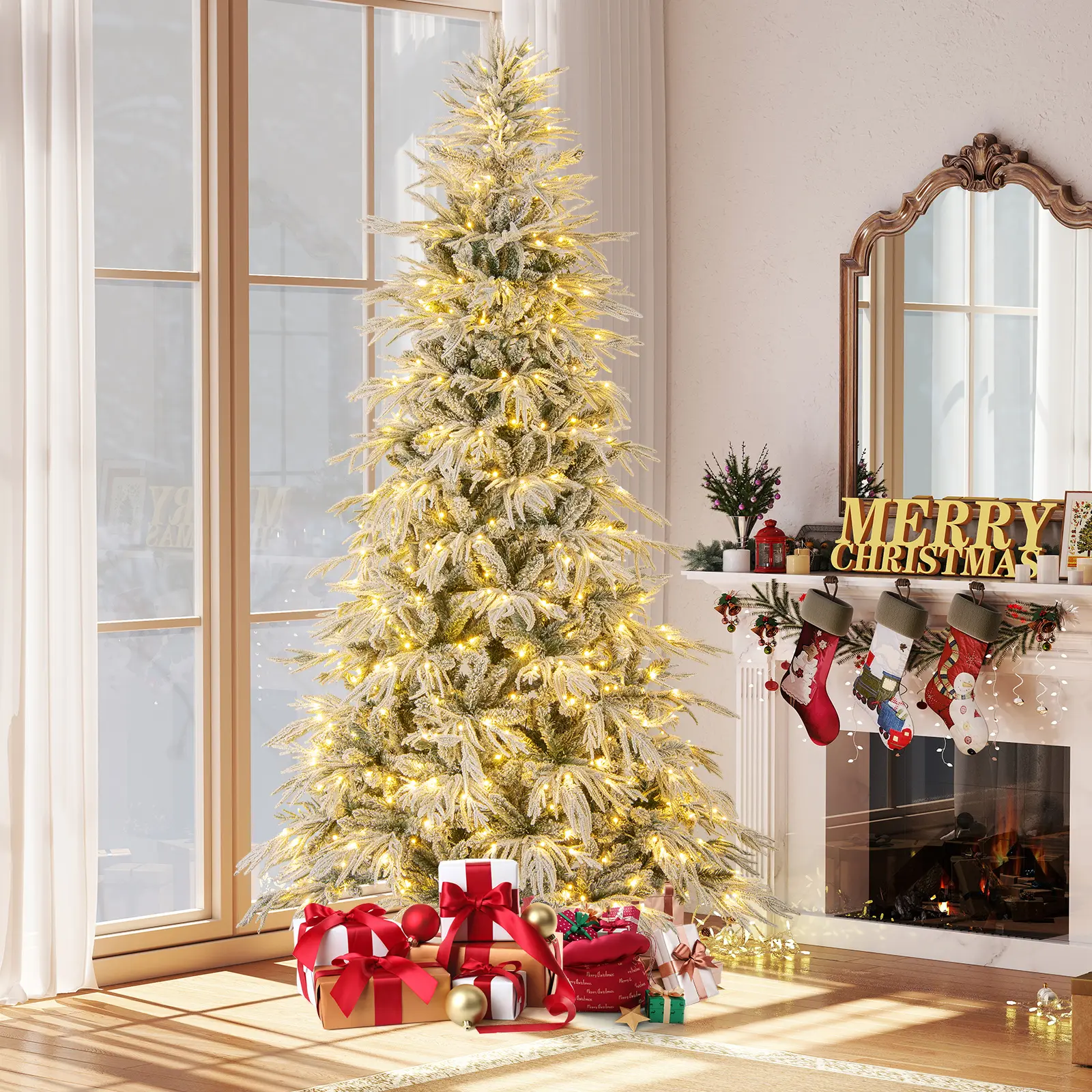 COSTWAY - 8 Feet Snow-flocked Artificial Christmas Tree Pre-lit Hinged Xmas Tree with Warm White LED Lights