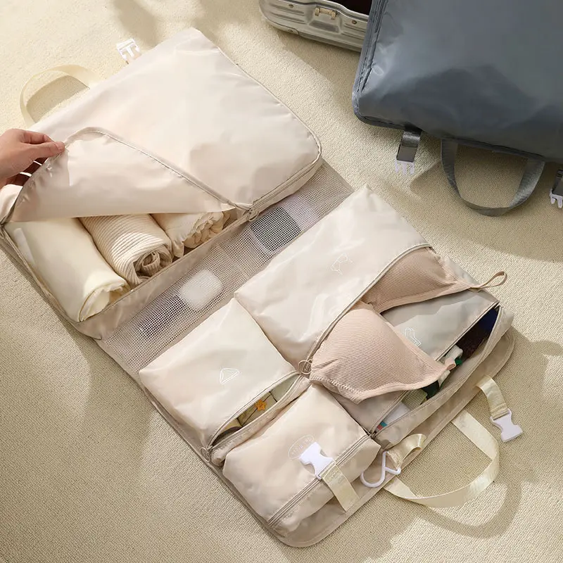 Travel Hanging Organizer, 7-in-1 Closet Suitcase with Multi-Layer Pockets, Portable Packing Cubes For Travel to Neatly Store Clothes and Underwear in Beige Zipper Pouches