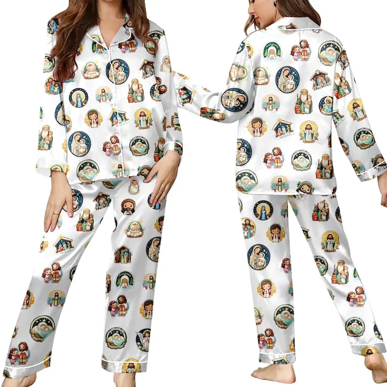 Our Lady of Guadalupe Catholic Jesus Satin Pajama Set, Short Sleeve Pajama Jesus Nightwear, Women's Gift Sleepwear Pajamas