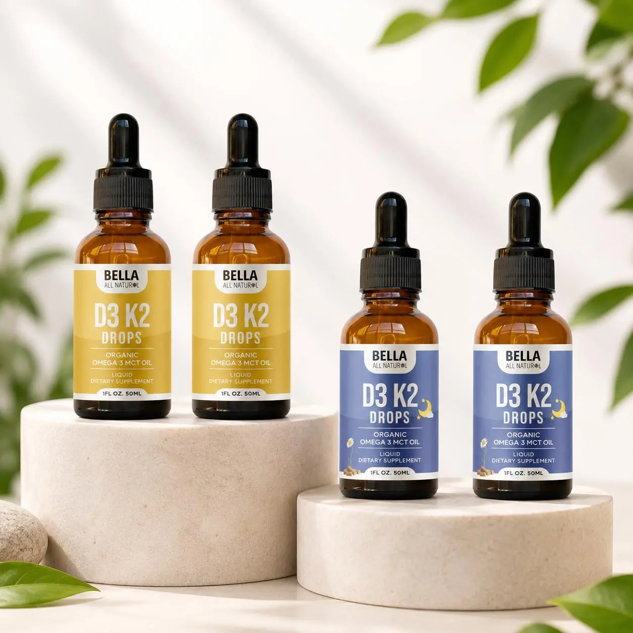 Bella All Natural D3 K2 Day & Night Drops 4-Pack: 2 Day Drops + 2 Night Drops Healthcare Supplement