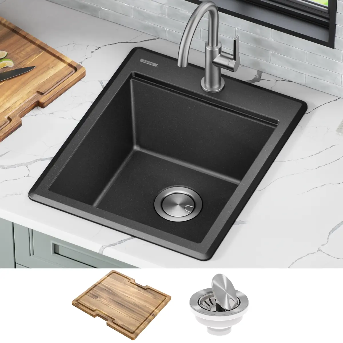 Kraus KGTW12-18MBL Metallic Black 18 in. Durable Bellucci Granite Composite Workstation Sink, Drop-In Top Mount Single Bowl for Kitchen/Bar, 28"x22"x9 5/8" with Integrated Ledge, Improved Drainage & Acacia Accessory Finish, Accessory Finish: Acacia, Indoo