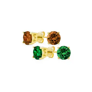 Set of 2 Black Round Solitaire CZ Stud Earrings Gold Plated Sterling Silver 10MM