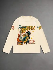 Men's Long Sleeve Knit Rock Skull Guitar Print T-Shirt, Casual Fitted Graphic Tee for Spring & Fall, Daily Wear & Music Events