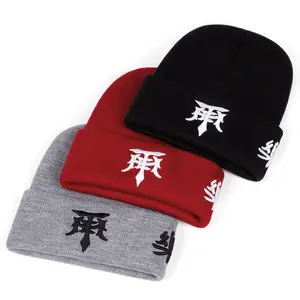 Unisex Embroidered Dagger Beanie Hat Winter Warm Knit Skull Cap for Men & Women in Black Red and Gray Options Adjustable Size 56-61 cm