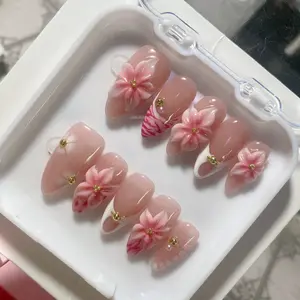 Handmade Press On Nails 10PCS Hand Painted Reusable Acrylic Fake Nails, 3D Rhinestone Butterfly Summer Fall Salon Nails For Women Girls Daily Beach Vacation