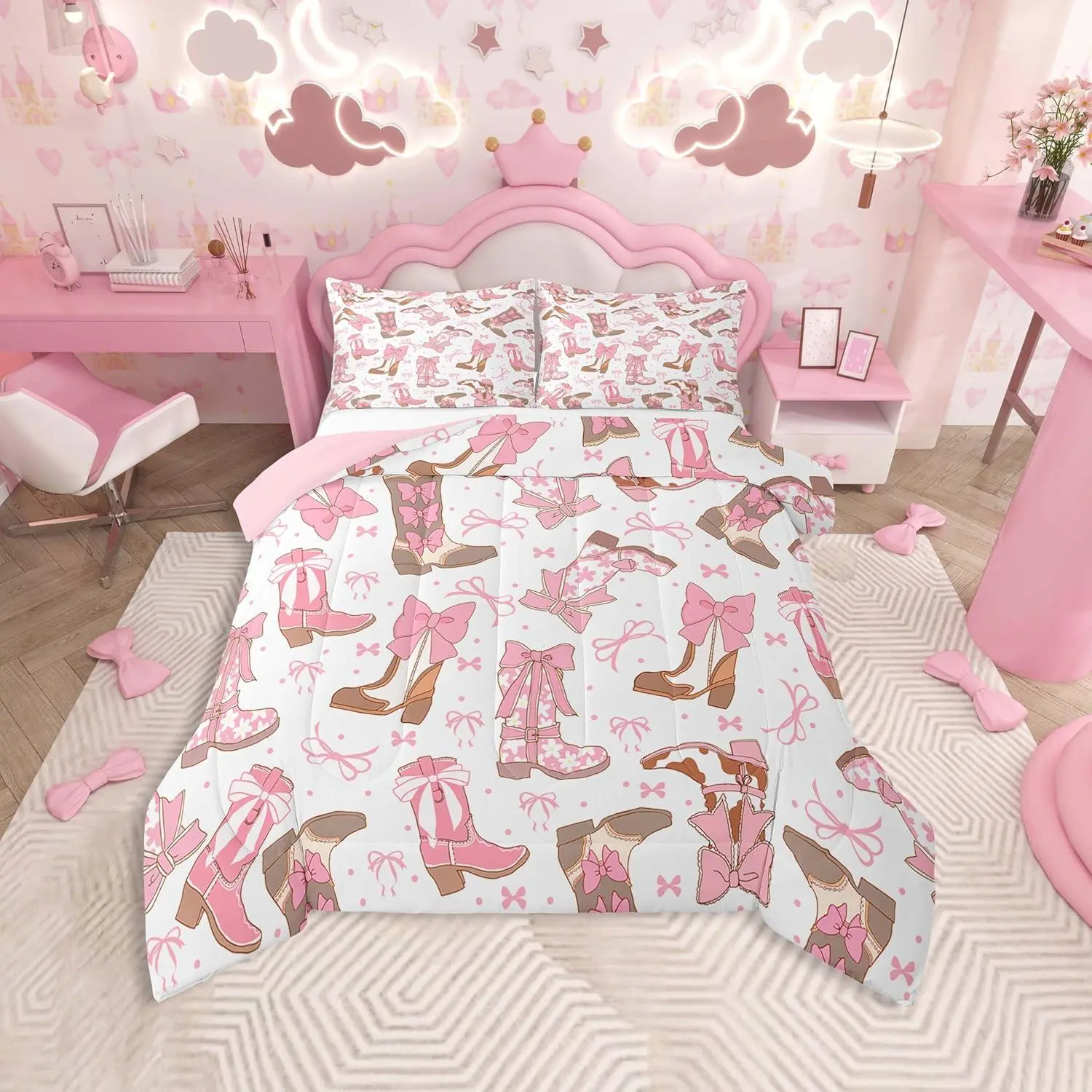 Pink Western Bedding Set Cowgirl Cowboy Boots Comforter Set Room Decor Cute Bowknot Dreamy Princess Style Comforter Duvet Set