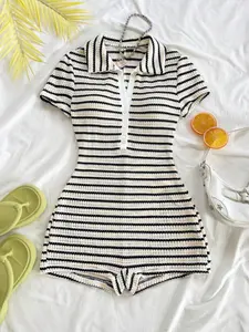 Spring Summer New Women's Striped Lapel Single Button Slim Fit Short Sleeve Jumpsuit Shorts, Elegant Casual Romper, Casual Fashion, Comfortable Wear