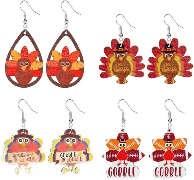 4 Pairs Thanksgiving Earrings for Women Cute Turkey Pumpkin Maple Leaf Dangle Earrings Natural Wood Lightweight Casual Jewelry Gift