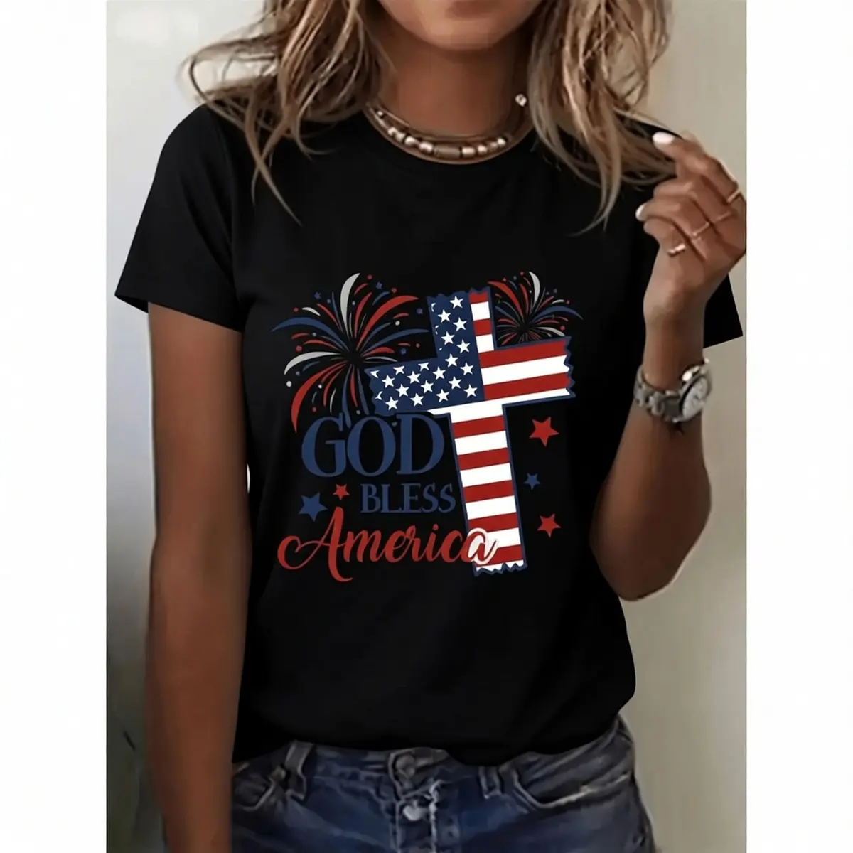Women's Cotton Short-Sleeve Round Neck Tshirt - Retro Patriotic God America Graphic, Vintage Flag Print, Soft Breathable Streetwear Clothes for Casual, Beach Attire (American Independence Day Themed)