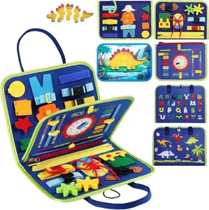 Summer Busy Board Montessori Toys for 1-3 Year Old Boys, Educational Sensory Busy Book for Toddlers 2-4, Learning Activities Toy for Airplane & Car Travel, Blue 3-Page Design