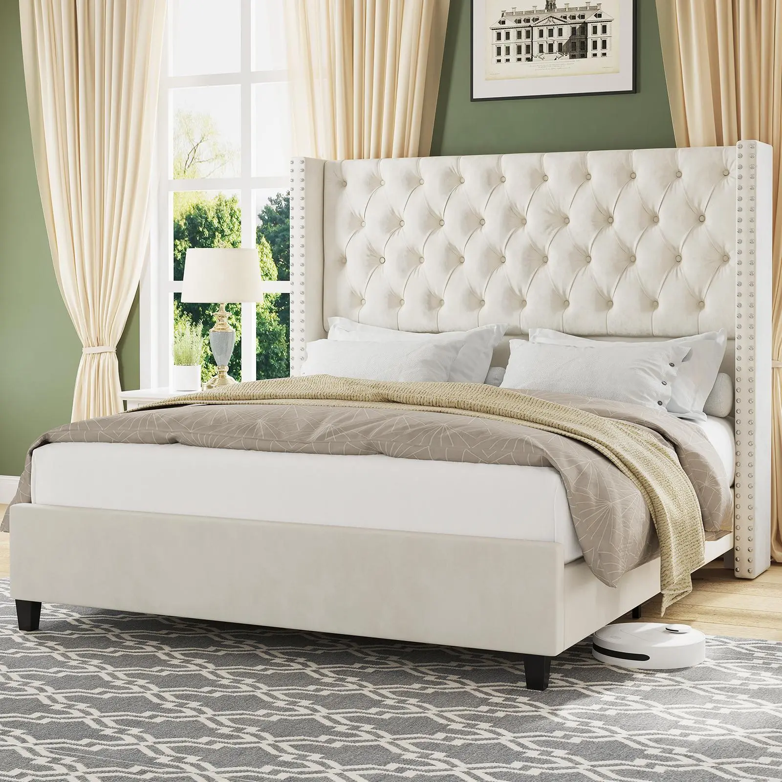 [SummerSale] AMERLIFE Modern Bed Frame, Velvet Upholstered Platform Bed with 51.6" Tall Wingback Headboard, Deep Button Tufted, No Box Spring Needed/Sturdy Structure Design/Luxury Furniture Design/Queen/King Size/Christmas Gifts