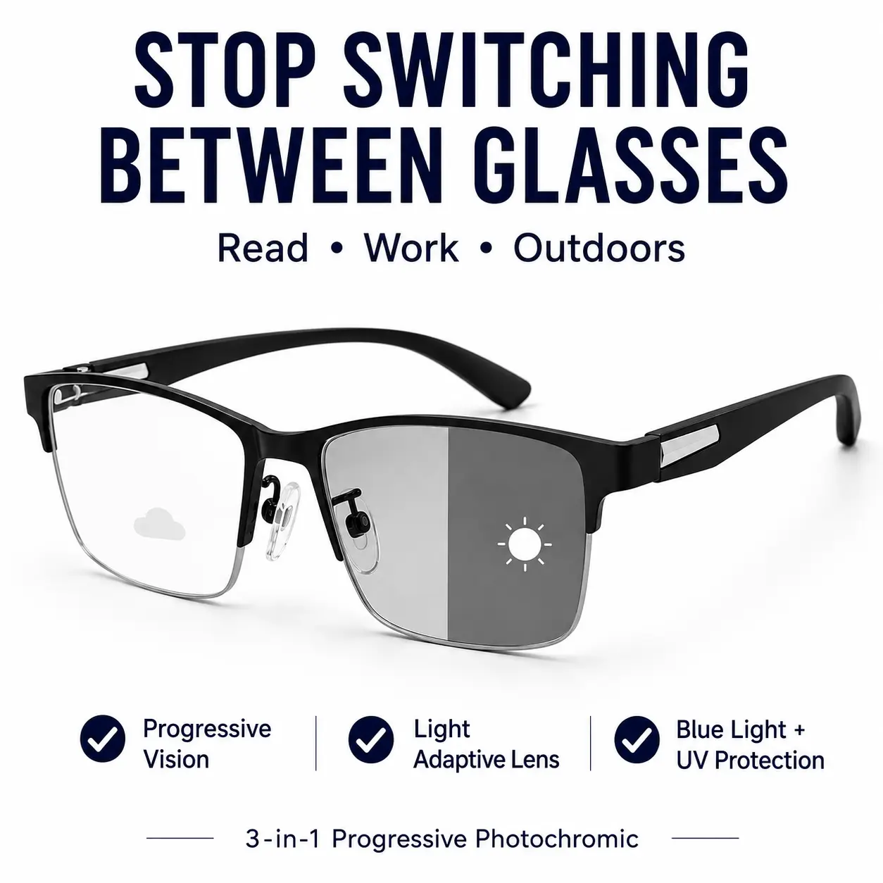 Progressive Photochromic Reading Glasses for Men Women, Blue Light Blocking Readers, 3-in-1 Near Mid Far Vision Eyewear for Phone, Computer & Outdoor Use
