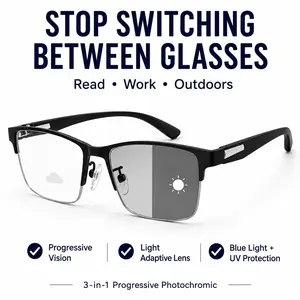 Progressive Photochromic Reading Glasses for Men Women, Blue Light Blocking Readers, 3-in-1 Near Mid Far Vision Eyewear for Phone, Computer & Outdoor Use