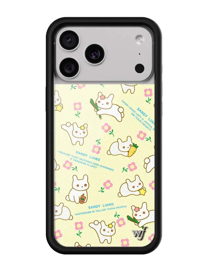 Sandy Liang | Limited Edition Trendy Collab iPhone Case | Raised Protective Black Bumper | Women Owned Small Business | Sandy Liang Pastel Yellow Background White Bunnies Carrots Pink Flowers | Safety Casing Protective | Gift for Her Custom Durable