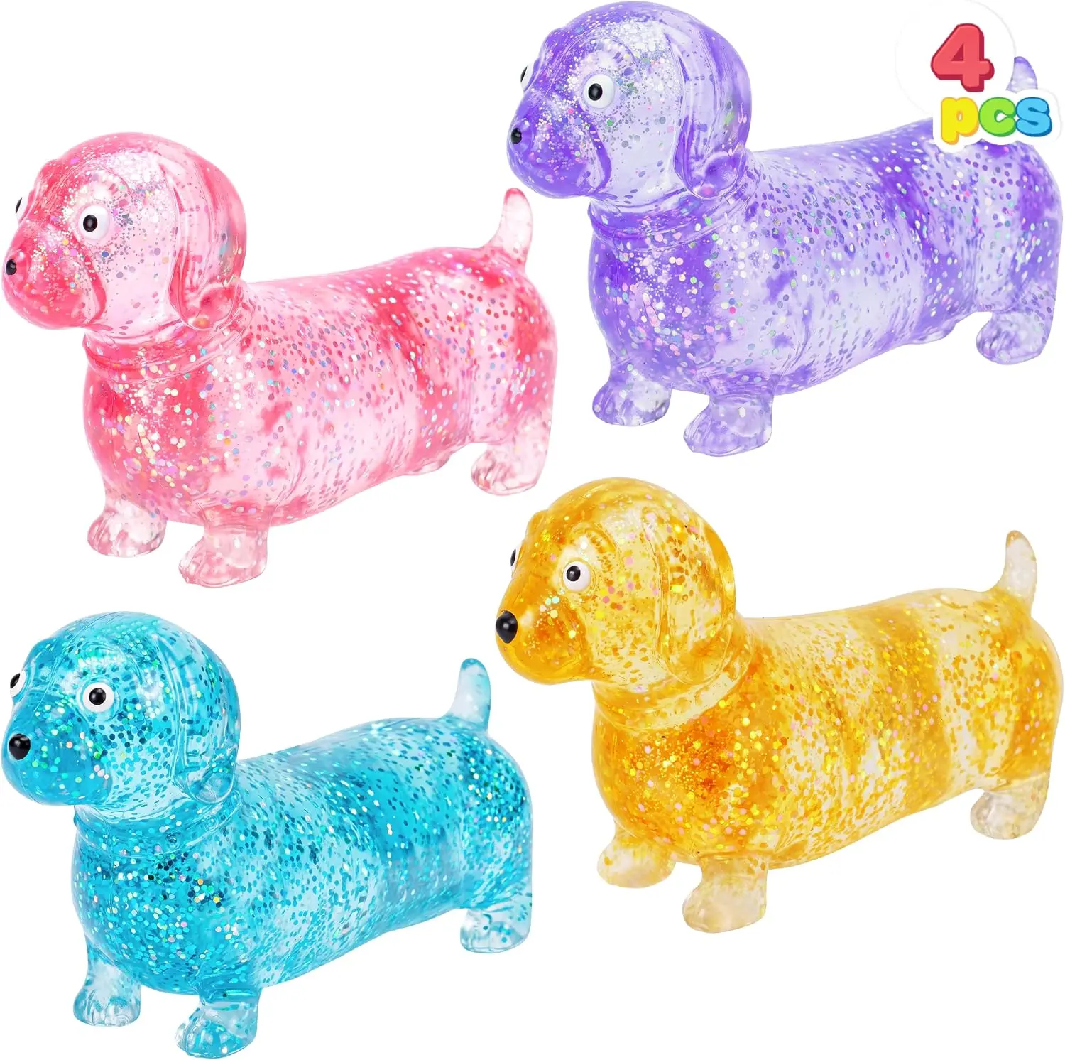 JOYIN 4PCS Glitter Weiner Dog Stress Relief Toys, Cute Malt Sugar Weiner Dog Squishy Toys for Adults and Girls Boys, Glitter Slow Rising Squishy Fidget Sensory Toy, Soft Squeeze Decompression Dough Gift, Birthday Gifts, Office Desk Decompression Toy,