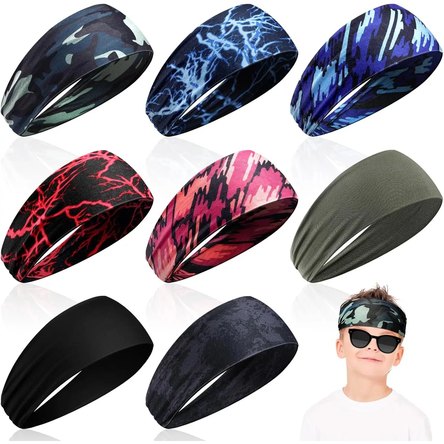 L-HDW061 8 Pieces Boys Headbands Athletic Sweatbands Kids Sports Wicking Breathable Headbands Elastic Girls Boys for Football Basketball Running Exercise