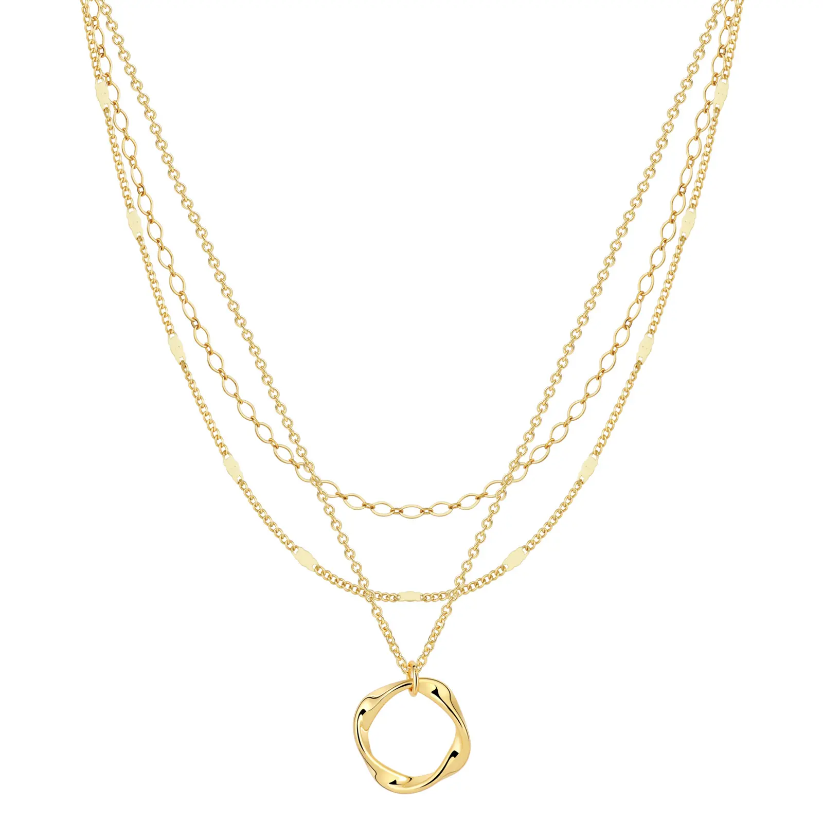 3 Layer Gold Necklace for Women, Dainty Layered Chain Pendant Necklace with Irregular Circle Charm, Minimalist Jewelry Gift