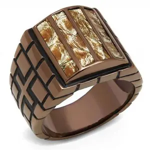 212 MAIN Alamode Male Ring - Size 12, IP Plating Coffee Light Stainless Steel with Leather Inset, Multi-Color, Unique Rings, Stackable Rings