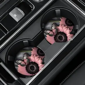 Sunflower Pattern Car Coaster, Car Accessories, Car Stuff, Car Decor for Girls, Round Anti-slip Car Cup Holder Coaster, Car Gadgets, Heat Resistant Car Cup Holder Pad, Car Interior Decor Accessories, Car Interior Decoration
