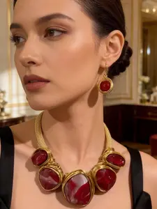 Vintage Elegant Necklace and Earrings Set, Luxurious Retro Style, Unique Metal Wire Wrapped Gemstones, Perfect for Evening Parties and Carpet Events