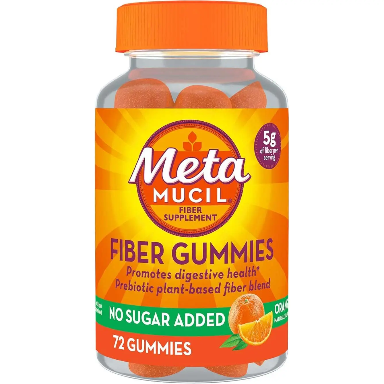 Metamucil Fiber Gummies for Adults, No Sugar Added Orange Flavor, 5g Prebiotic Plant Based Fiber Supplement Blend