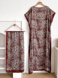 Elegant Chic Boho Style Bohemian Leopard Print Shawl Dress Set, Multi-Color Long Robe with Headscarf, Beach Sun Protection Satin Scarf for Women