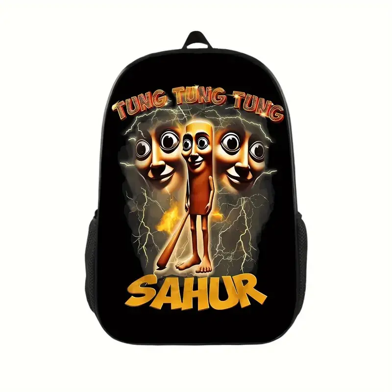Tung Sahur Gang Pattern Print Backpack - Durable Polyester, Adjustable Shoulder Straps, Lightweight, Separate Laptop Compartment, Stylish Commuter Essential Travel Bag