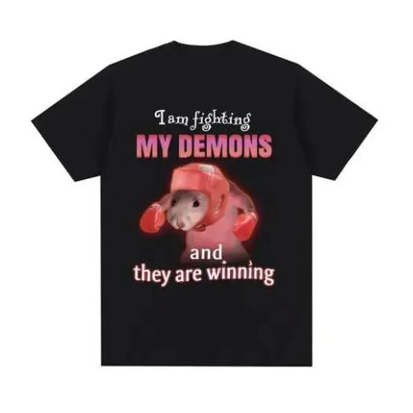 Women's Grunge Pink Gradient Boxing Helmet Hamster Quote Print Heavy Cotton Short-Sleeve Top - Casual, Round Neck, Streetwear Mental Health Relatable Funny Tee, Shortsleeve, Tshirt, Mental Health Graphic Women's T-Shirts