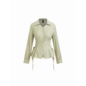Cider Cotton-blend Striped Collar Long Sleeve Lace Up Cinched Waist Shirt SwimWeek