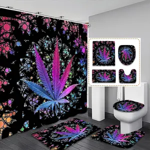 Creative Colorful Leaf Pattern Shower Curtain Set, 1/4pcs, Includes 12 Plastic Hooks, Non-Slip Mat, Toilet Lid Cover, Home Bathroom Decoration, Bathroom Decoration Accessories
