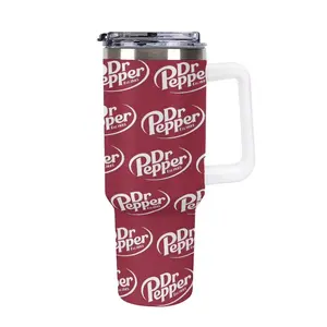 Red Soda Lover Inspired 40oz Tumbler – Bold Dr Pepper Aesthetic Stainless Steel Cup with Handle, Classic Logo Pattern Pop Drinkware Gift
