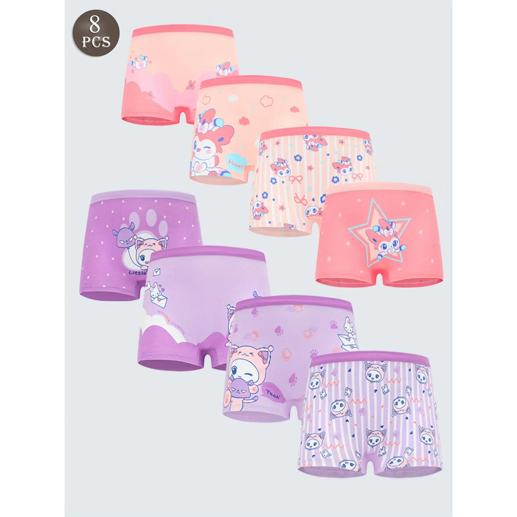 [8pcs Cotton Boxer] 8pcs Soft Cotton Girls Boxer Underwear |         Cute Cartoon Breathable Printed