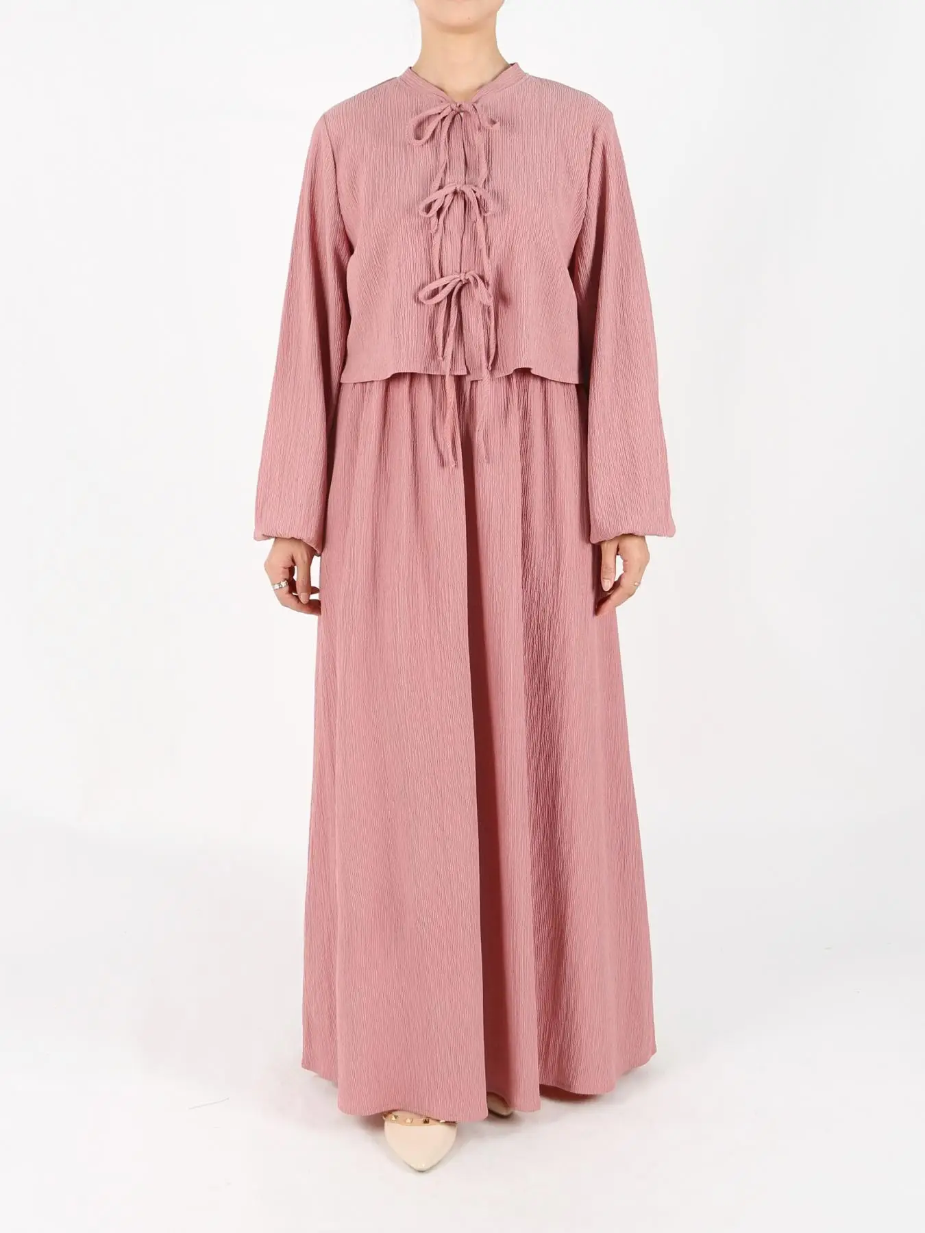 Women's Solid Tie Front Top & Skirt Two-piece Set, Elegant Fashion Casual Round Neck Long Sleeve Top & Skirt for Daily Outdoor Wear, Modesty Clothing,