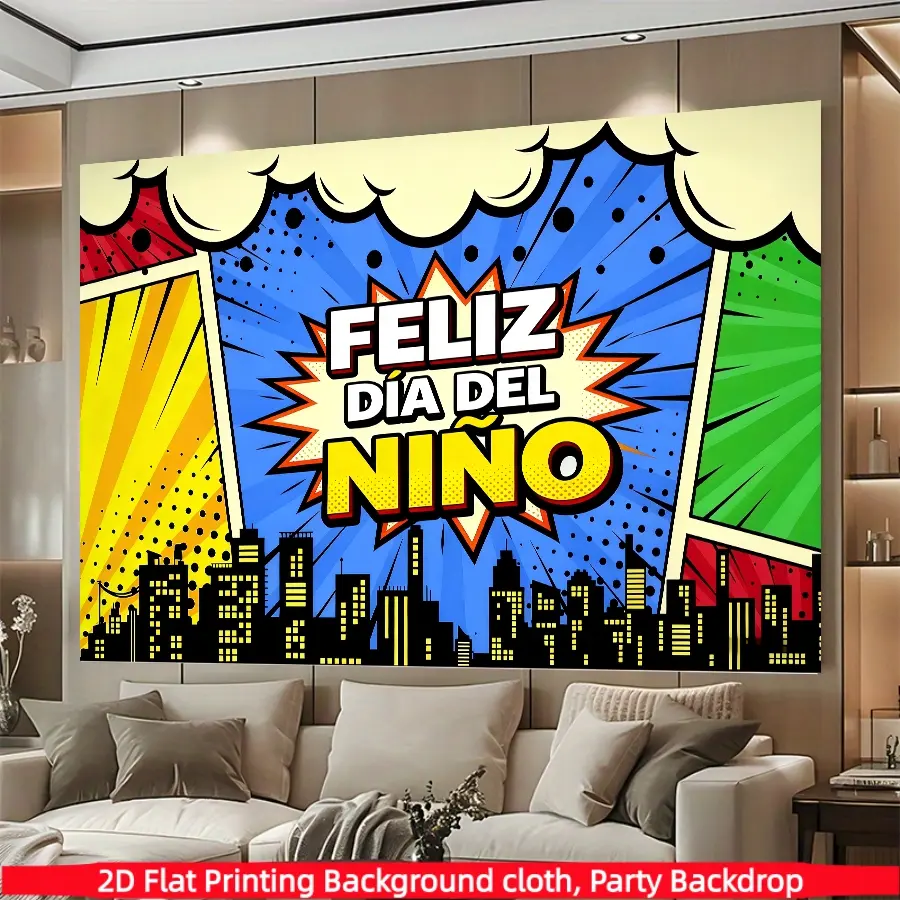 Children's Day superhero themed background banner, featuring a comic city landscape explosion background, suitable for superhero themed events, photo booths, parties, birthdays, celebrations, as well as indoor and outdoor family holiday party decorations
