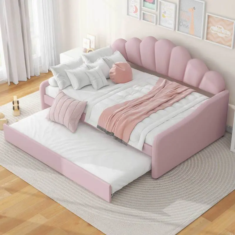 Full Size Upholstery Daybed Frame with Shall Shaped Backrest and Twin Size Trundle, No Box Spring Needed