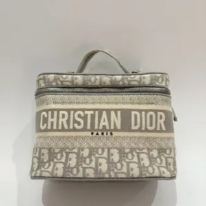 Pre-owned Dior Oblique Embroidered Canvas Clutches & Wristlets Christian Oblique Vanity Cosmetic Case Canvas Beige