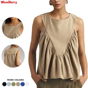 Woodberry Women's Basic Crew Neck Plain Sleeveless Peplum Tank Top, Loose-Fit Swing Blouse with Back Buttons, Ruffled Casual Shirt summerwins