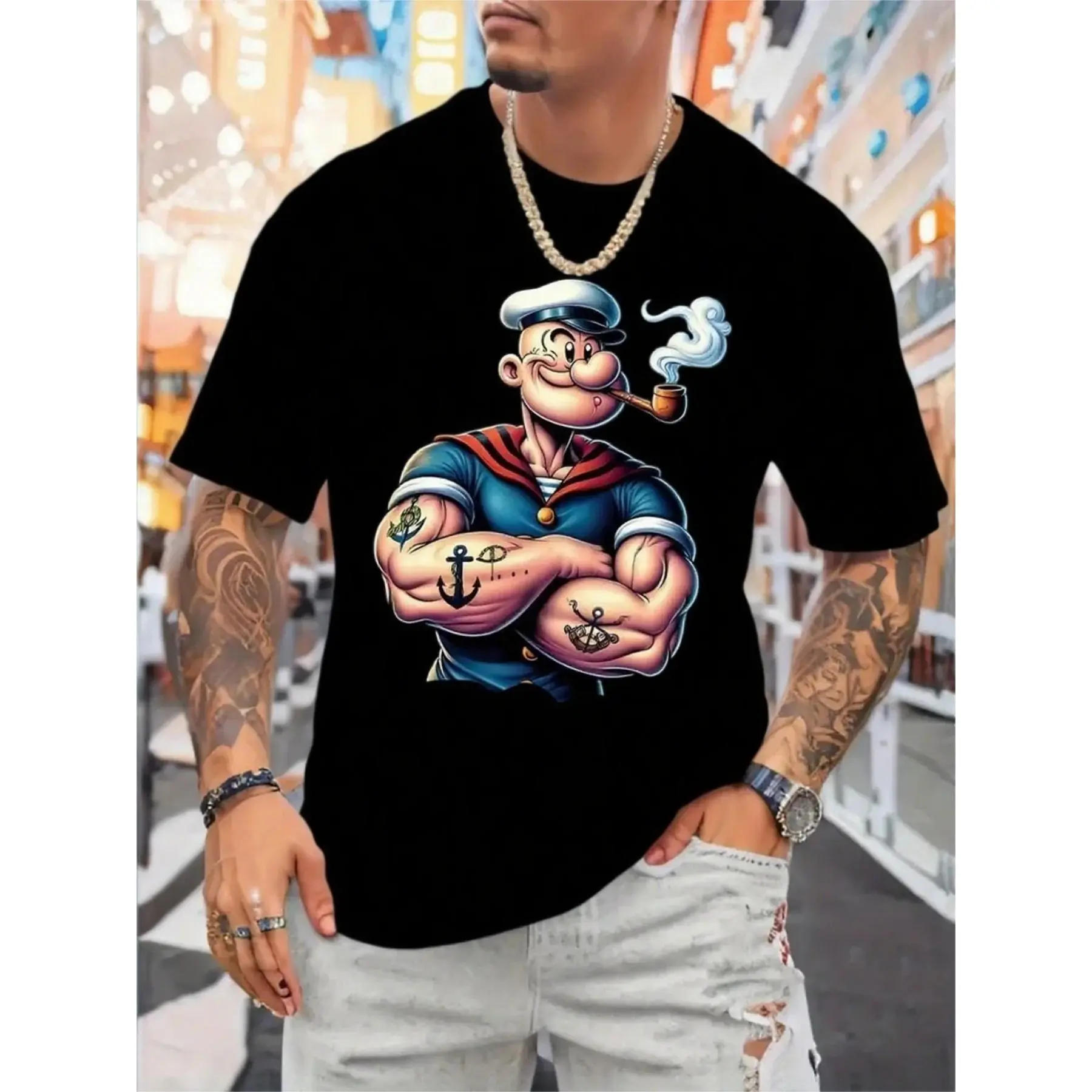 Men's Heavyweight 100% Cotton Pirate T-Shirt - Loose Version Crew Neck Short Sleeve, Bold Nautical Design, Printed with Pirate Ship and Treasure Box Patterns, Breathable Seasons Casual and Themed Party Clothing, Machine Washable (Suitable for Pirate