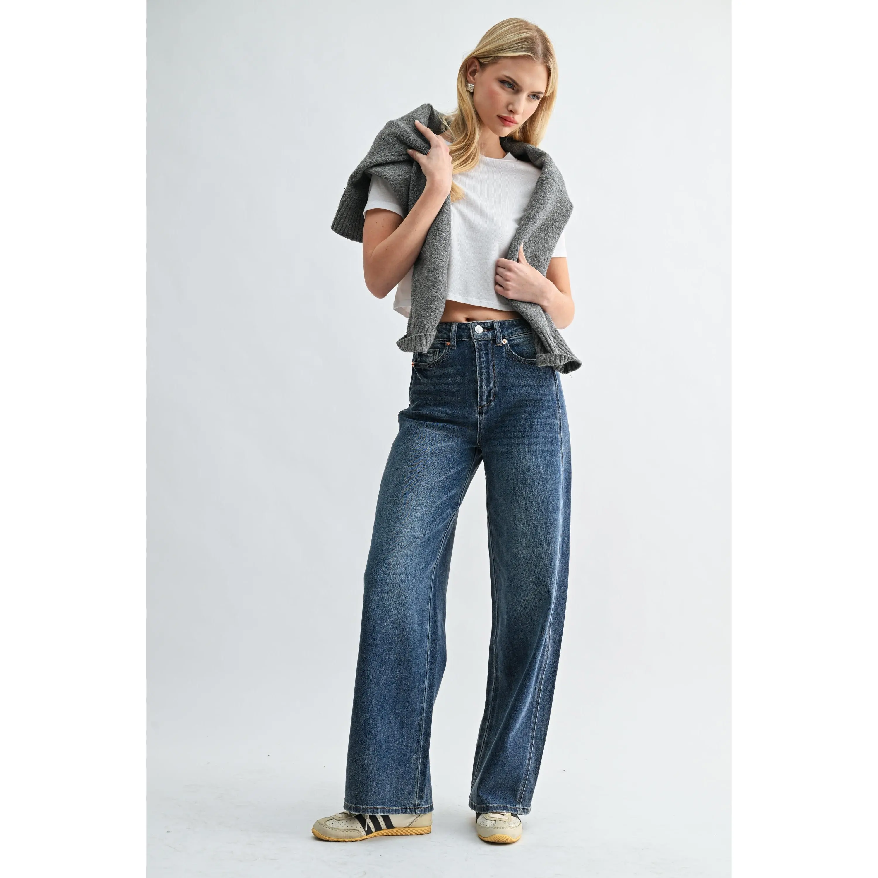 Jemina Denim Women's High-Rise Stretch Barrel Leg Jeans - Basic Loose Style Trouser Bottom with Side Panels, Casual Streetwear, All Seasons, Full Length, Fit