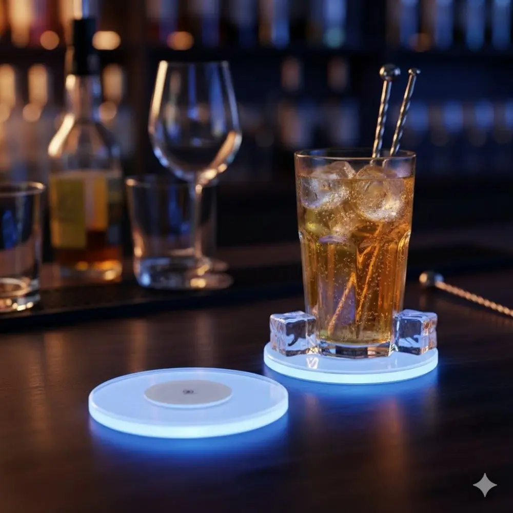 Ultra-Thin Glowing Coaster Set, Waterproof Non-Slip Bar Coaster, Party Atmosphere Induction Design, Creative Cocktail Base with Long Battery Life, Acrylic Home Bar Decor, Fits All Cup Types.