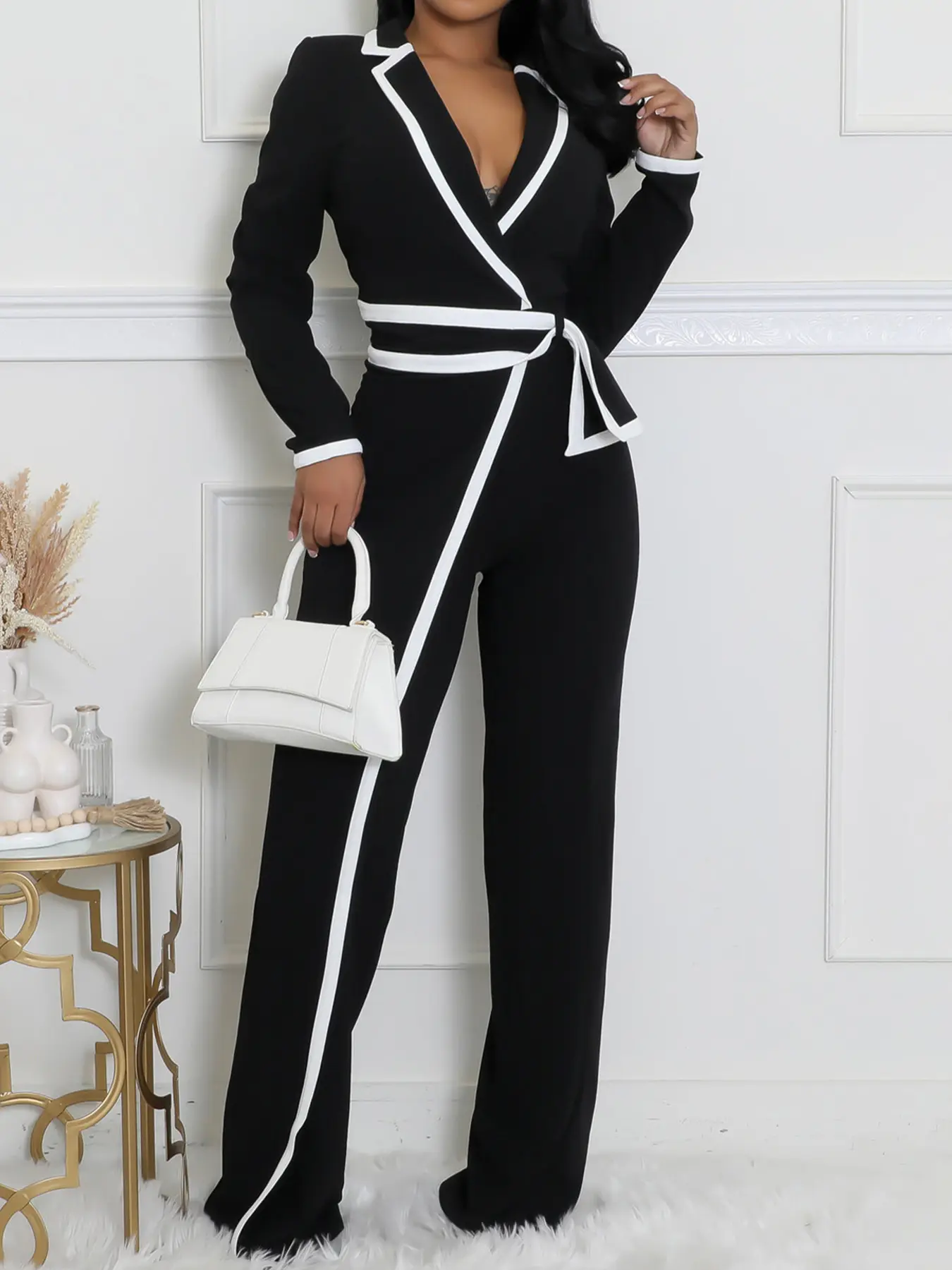 Women's Patchwork Print Belted Adjustable Overalls Jumpsuit, Elegant Fitted Knit Long Sleeve Jumpsuit for Work Office Business, Ladies Womenswear Fall & Winter Clothes Piece