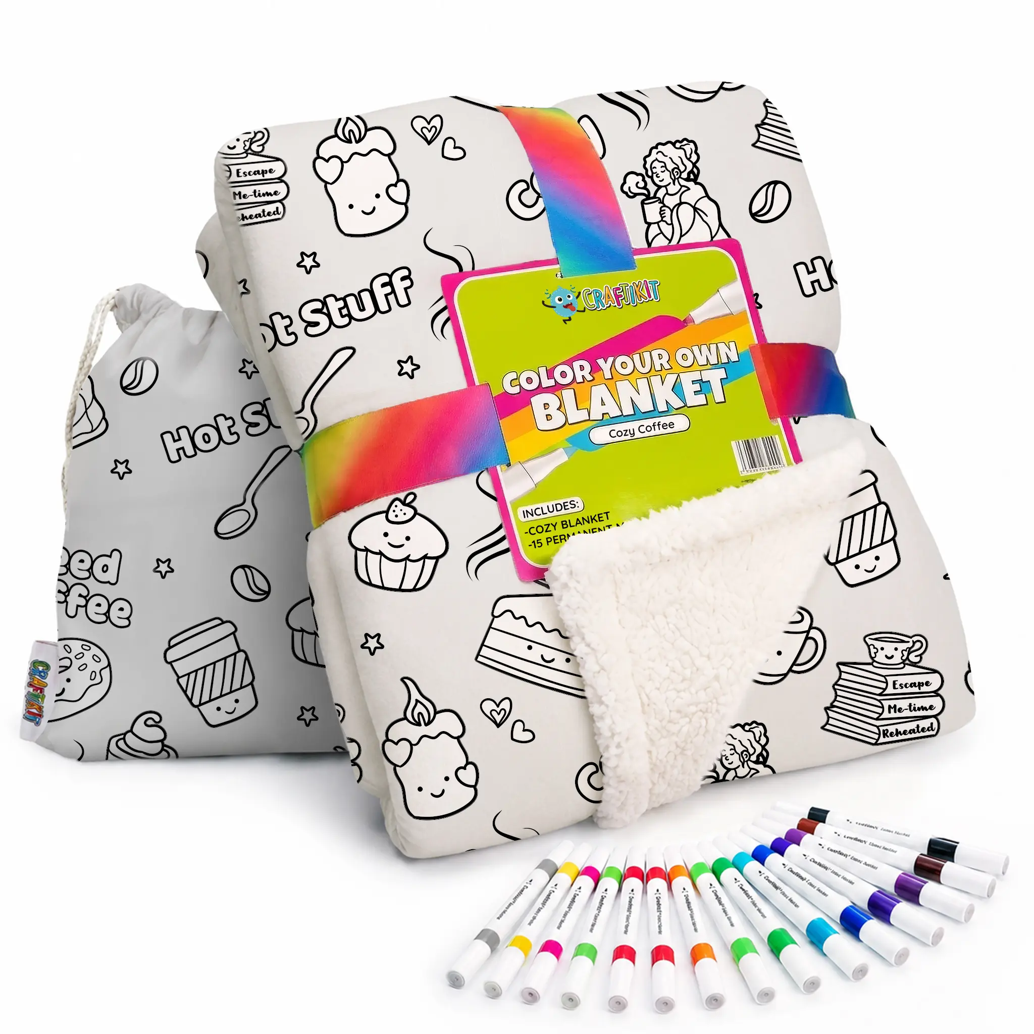 Craftikit Custom Blanket - Coffee Design, Sherpa-Lined, Comfy and Cozy, All-Seasons Home Room Decor, Gifts for Adulting Women with Fabric Markers & Ready to Go Travel Tote