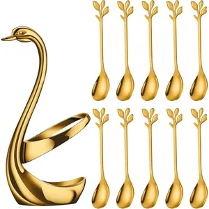 Gold Small Coffee Spoon Holder Set,Swan Base with 10 Pcs Demitasse Espresso Spoons Set,4.7" Mini Leaf Dessert Spoon,Stainless Steel Tea Spoons,Car Interior Accessories Cutlery Tableware Utensils