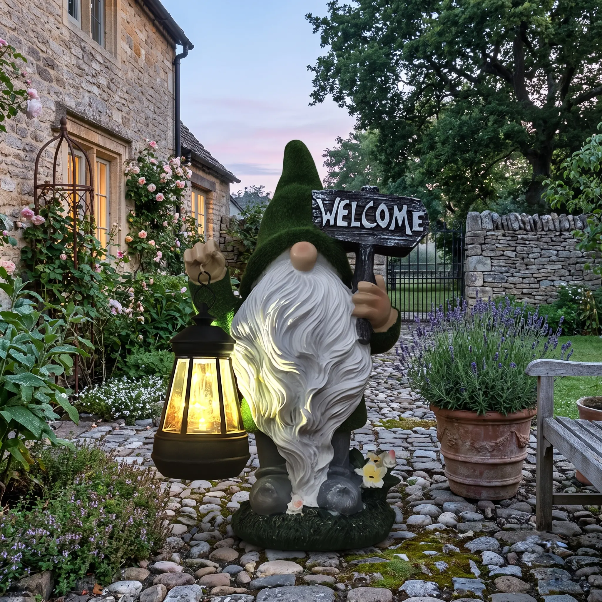 Vintage Solar Garden Statue - Flocked Moss LED Lamp, Automatic Dusk-On Resin Lantern with Welcome Sign, Outdoor Patio Pathway Decor, Unique Fairy Garden Housewarming Gift for Mothers
