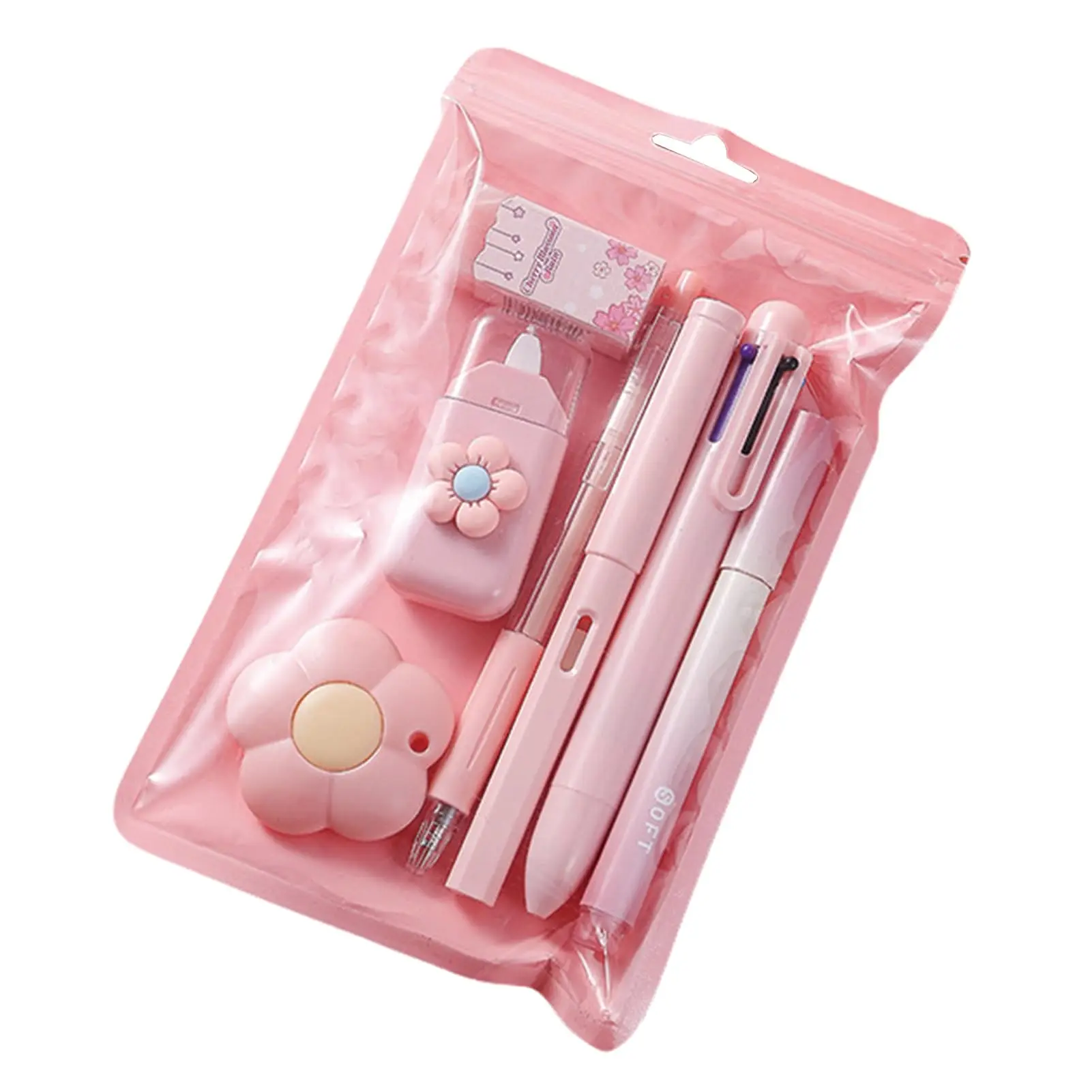7 Cute Pink Stationery Set School Supplies Office Including Ballpoint Pens Pencil Sharpener Highlighter Correction Tape Ruler Utility (pink)