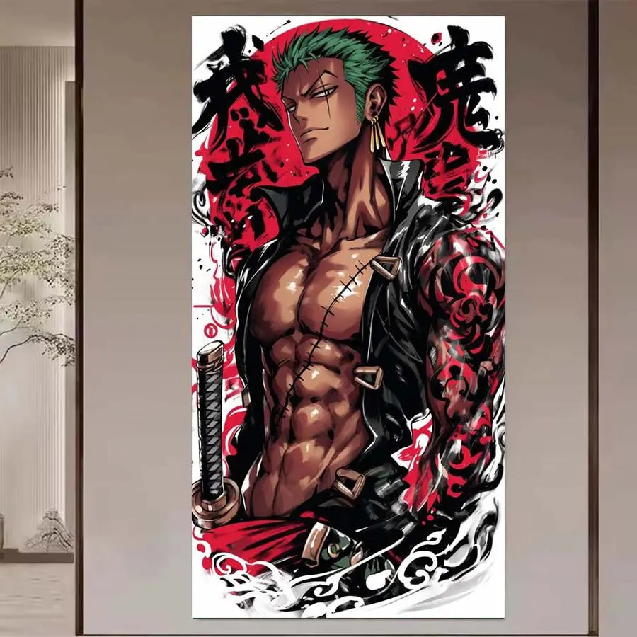 1 DIY diamond painting kit with full round drills, 5D diamond art set, Diy Craft Supplies, DIY decoration, green short hair, muscular tattoos, samurai sword, Anime Design, mosaic, diamond art, home decoration, suitable for Christmas