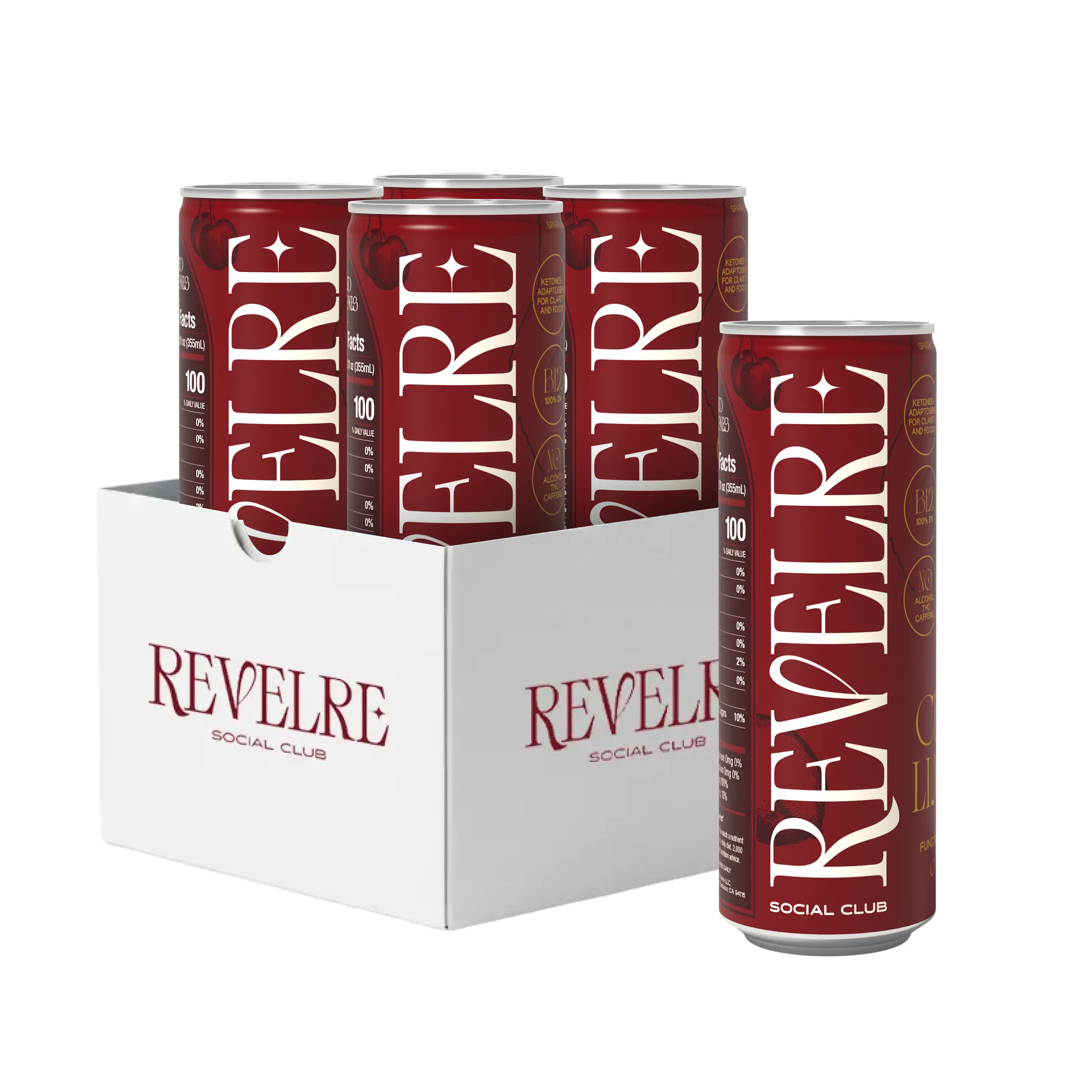 Revelre Cherry Limeade Functional Social Tonic with Ketones & Adaptogens - Mindful Blend for Focus & Calm - Non-Alcoholic Energy Boost Beverage - 12 oz (4 Pack)