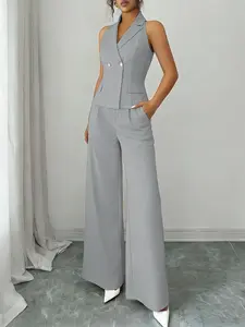 Women's Plain Simple Chic Style Set Sleeveless Vest Top + Wide Leg Pants, Casual Two-Piece Summer, Fitted Design, Perfect for Daily Wear